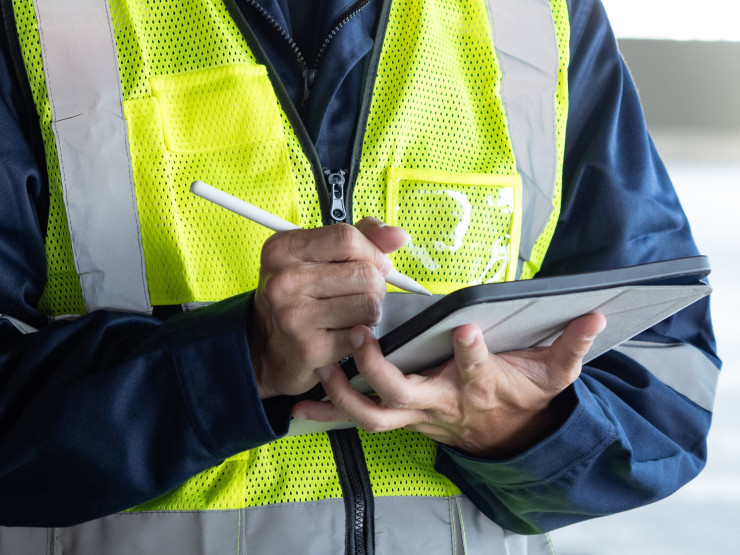 Ein Bauinspektor überprüft mit einem digitalen Tablet das Sicherheits- und Schutzsystem im Gebäude. Arbeiter in Warnweste bei der Wartungsinspektion eines Gebäudes.